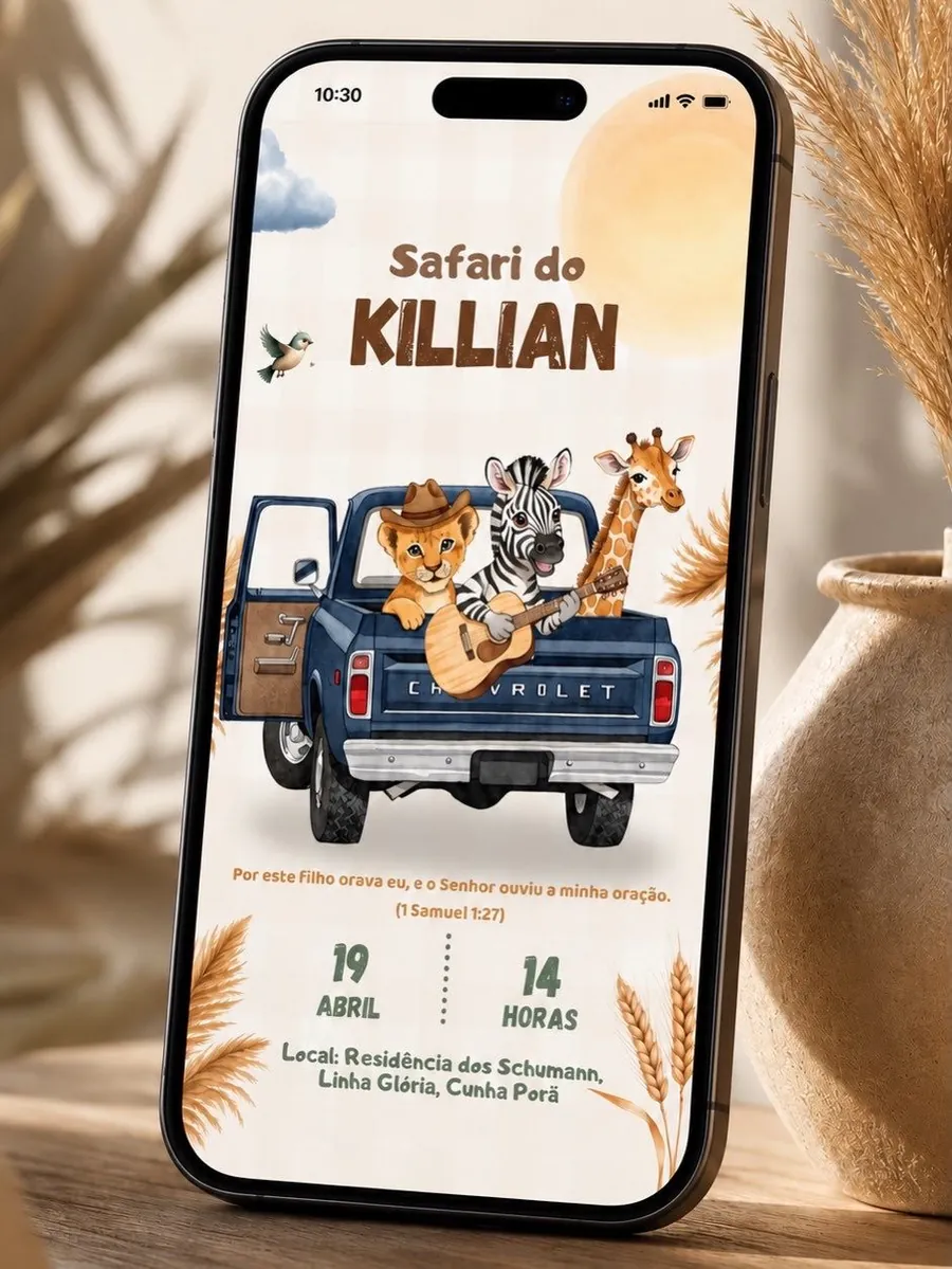 Convite digital animado Safari do Killian exibido em um celular