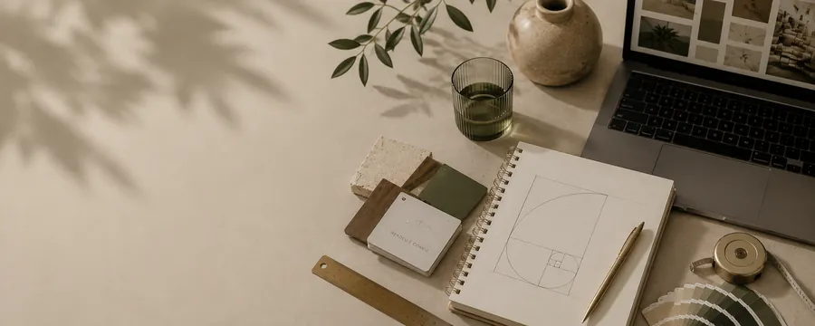 Moodboard com cadernos, amostras e folhagem sobre mesa clara